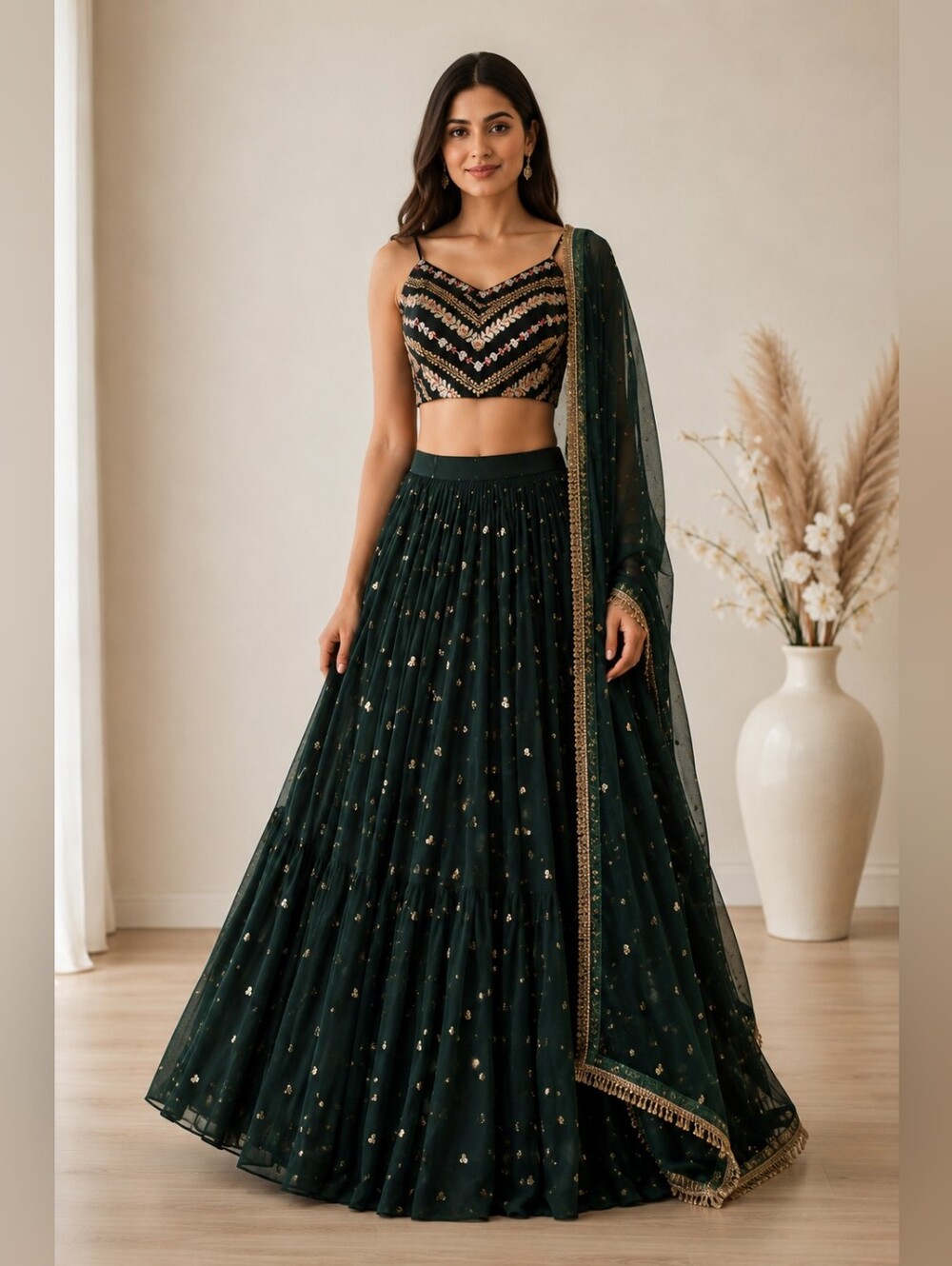 Green Embroidered Lehenga Choli Set with Dupatta | US 10